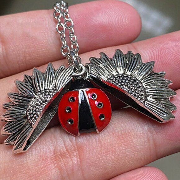 Beautiful Locket Sunflower Ladybug Charm Necklace